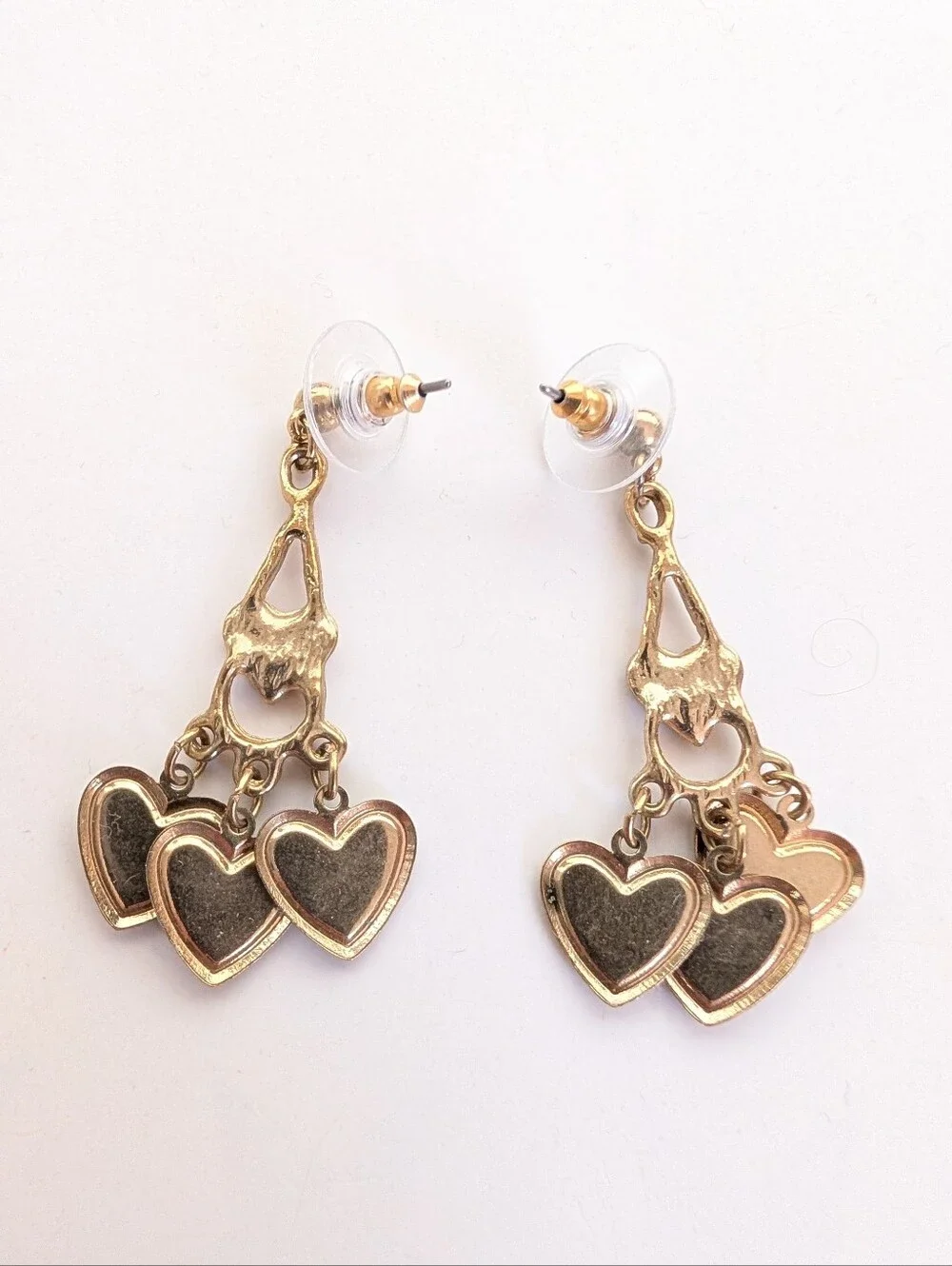 Vintage 1980s Glam Gold Tone Enamel Colorful Heart Dangle Post Earrings